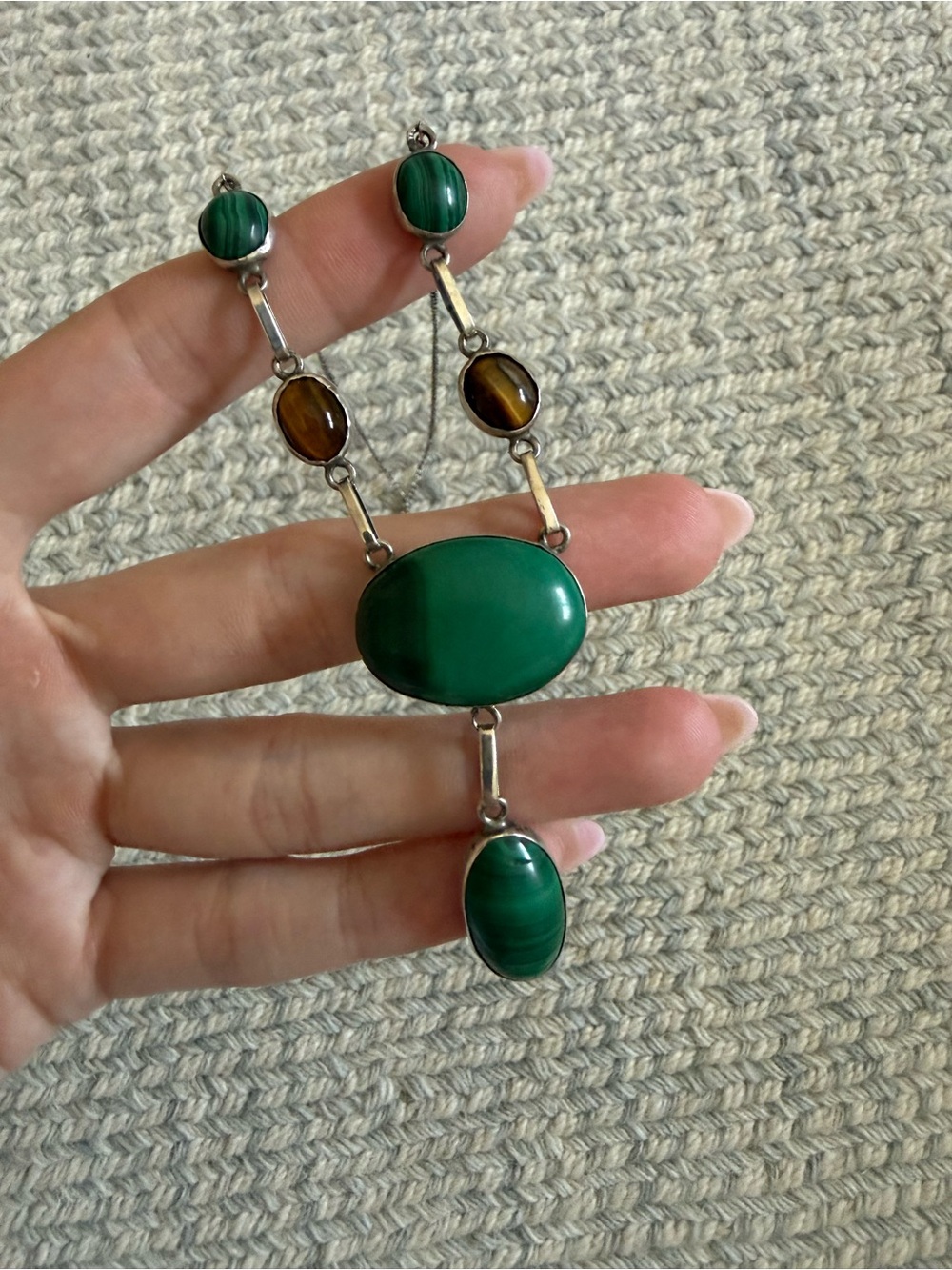 Vintage Sterling Silver Malachite & Tigers Eye Lariat Style Necklace